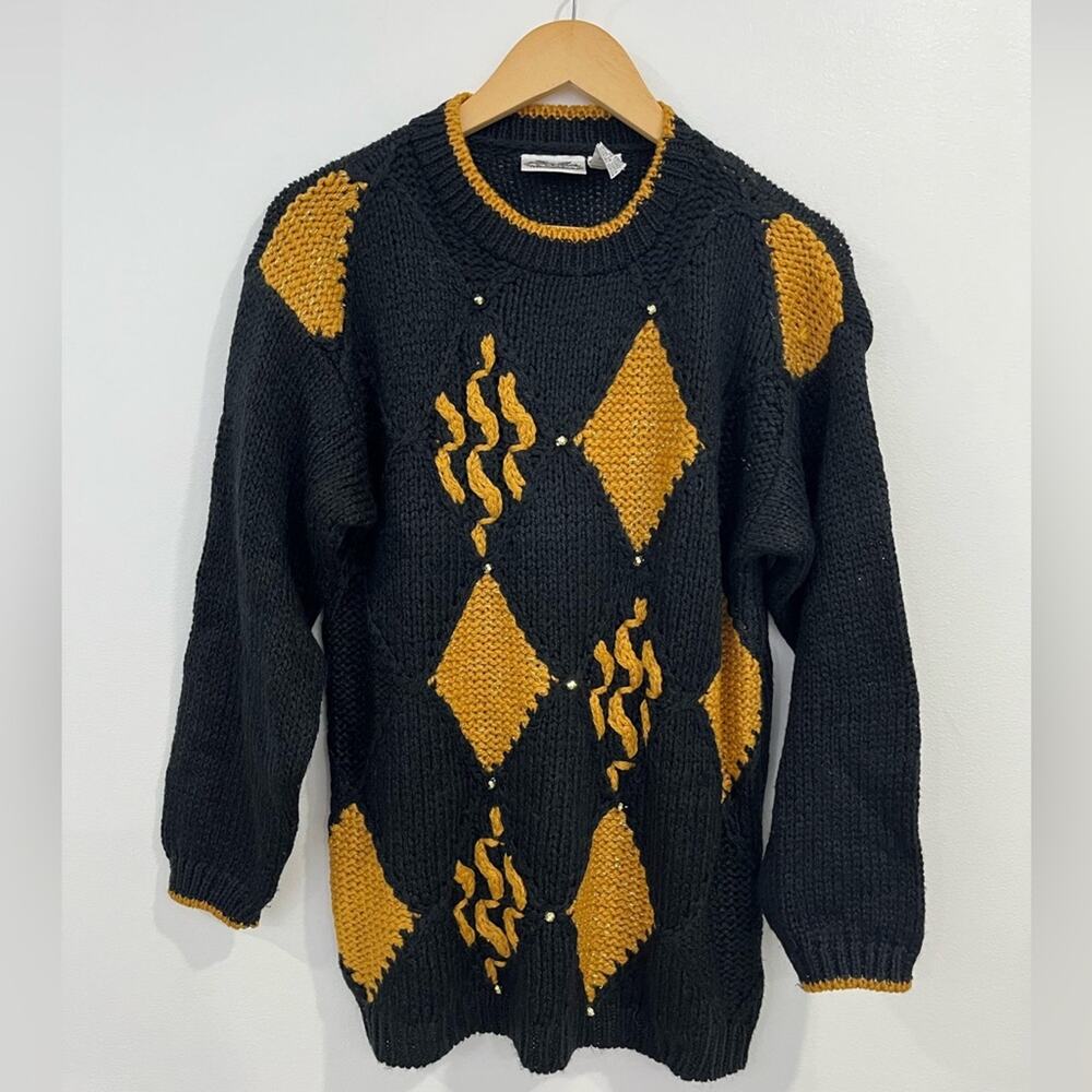 Vintage The Villager Black Gold Knit Sweater Small Granny Square‎
